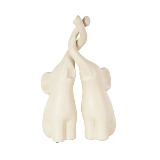 13" Cream Ceramic Elephant Decorative Sculpture with Raised Trunks, 2ct.